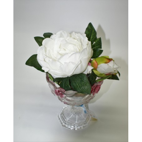 Ivory Peony Spray in Glass with Stem and Coloured Detail in Pink 